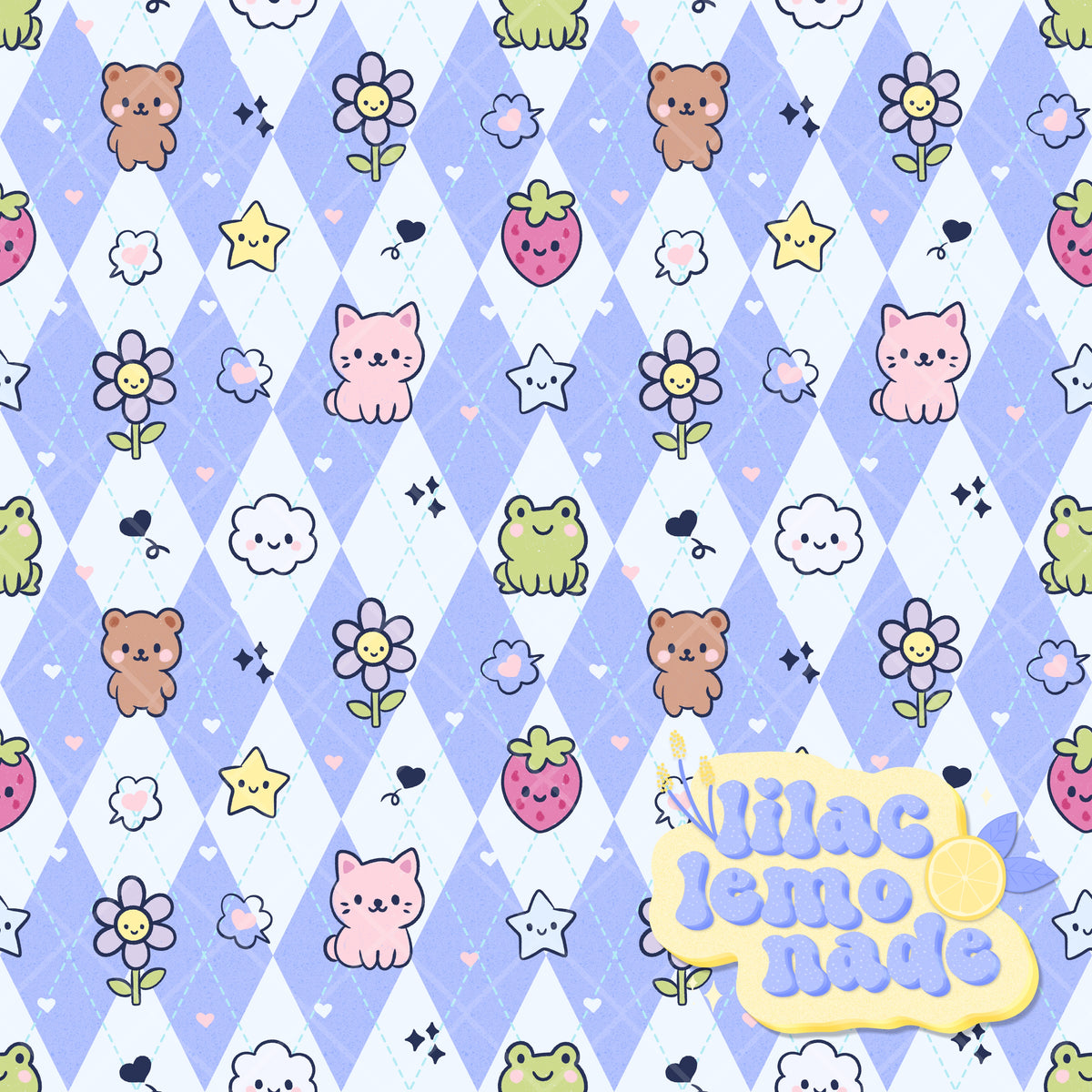 Kawaii Pastel Animal Seamless Pattern - Speckled Periwinkle Argyle Y2K Digital Paper