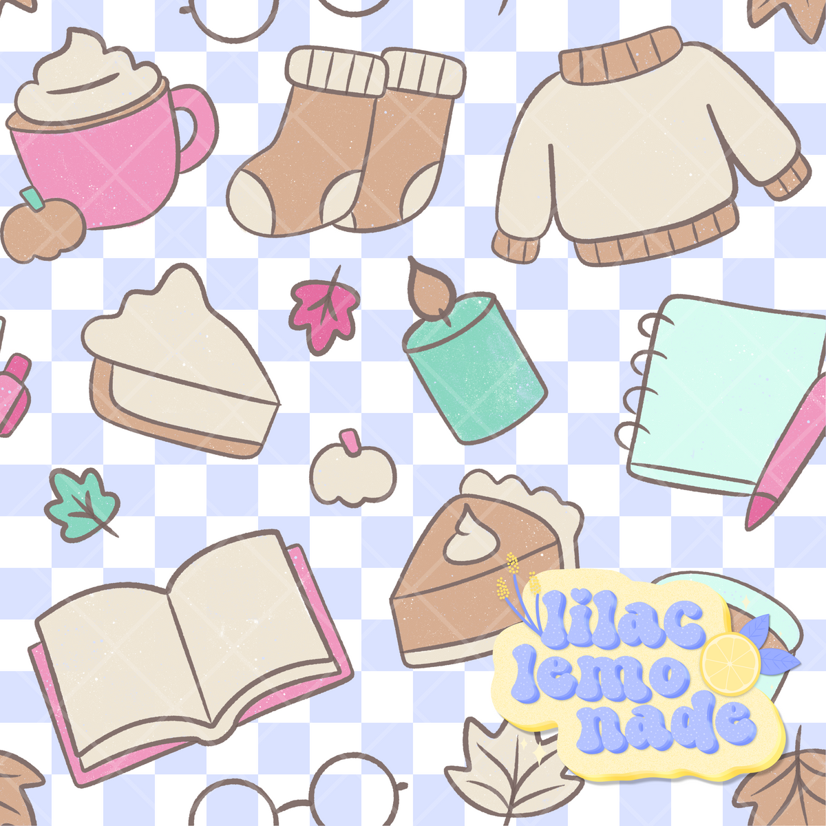 Cozy Pastel Autumn Seamless Pattern - Lilac Checkerboard Fall Digital Paper