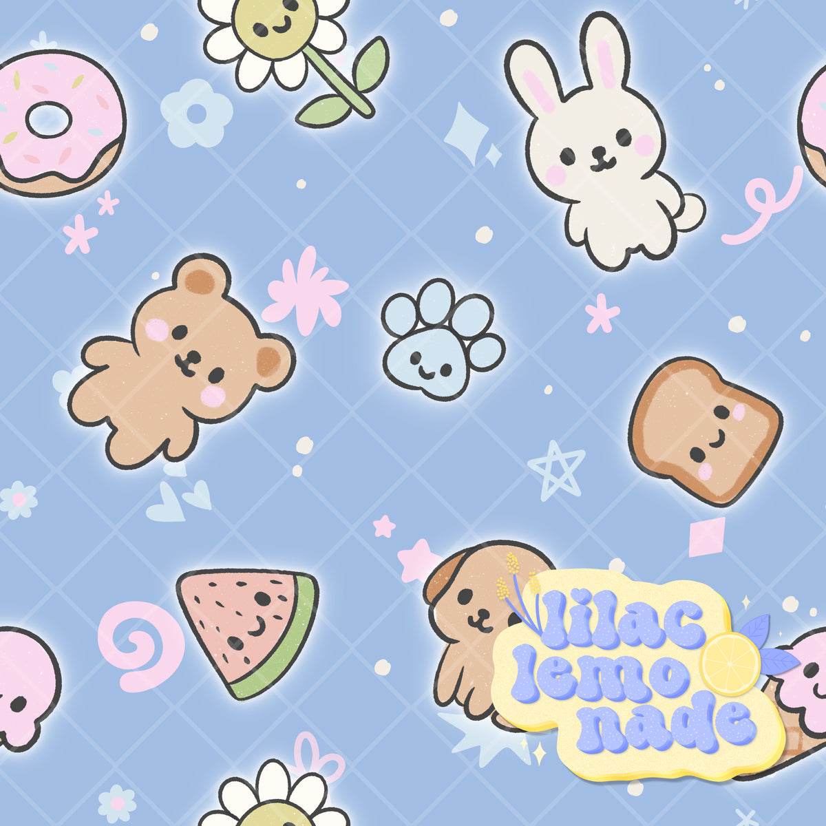 Kawaii Pastel Animal & Treats Seamless Pattern - Blue Glow Y2K Digital Paper