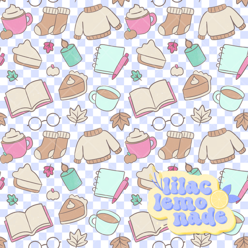 Cozy Pastel Autumn Seamless Pattern - Lilac Checkerboard Fall Digital Paper