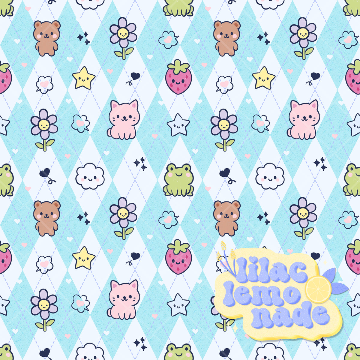 Kawaii Pastel Animal Seamless Pattern - Speckled Cyan Argyle Y2K Digital Paper