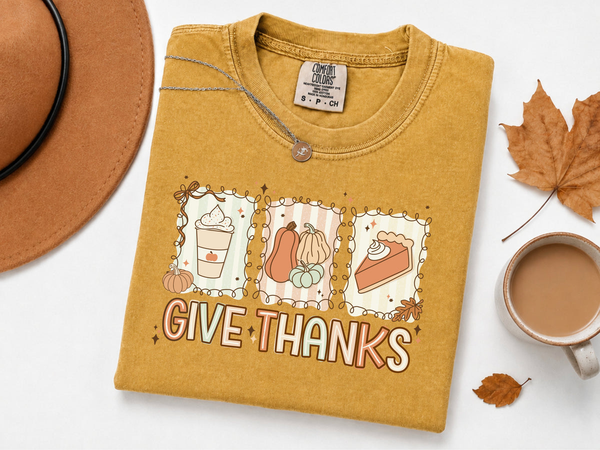 Retro Coquette ‘Give Thanks’ Thanksgiving PNG - Fall Pumpkin Pie & Coffee Sublimation Graphic