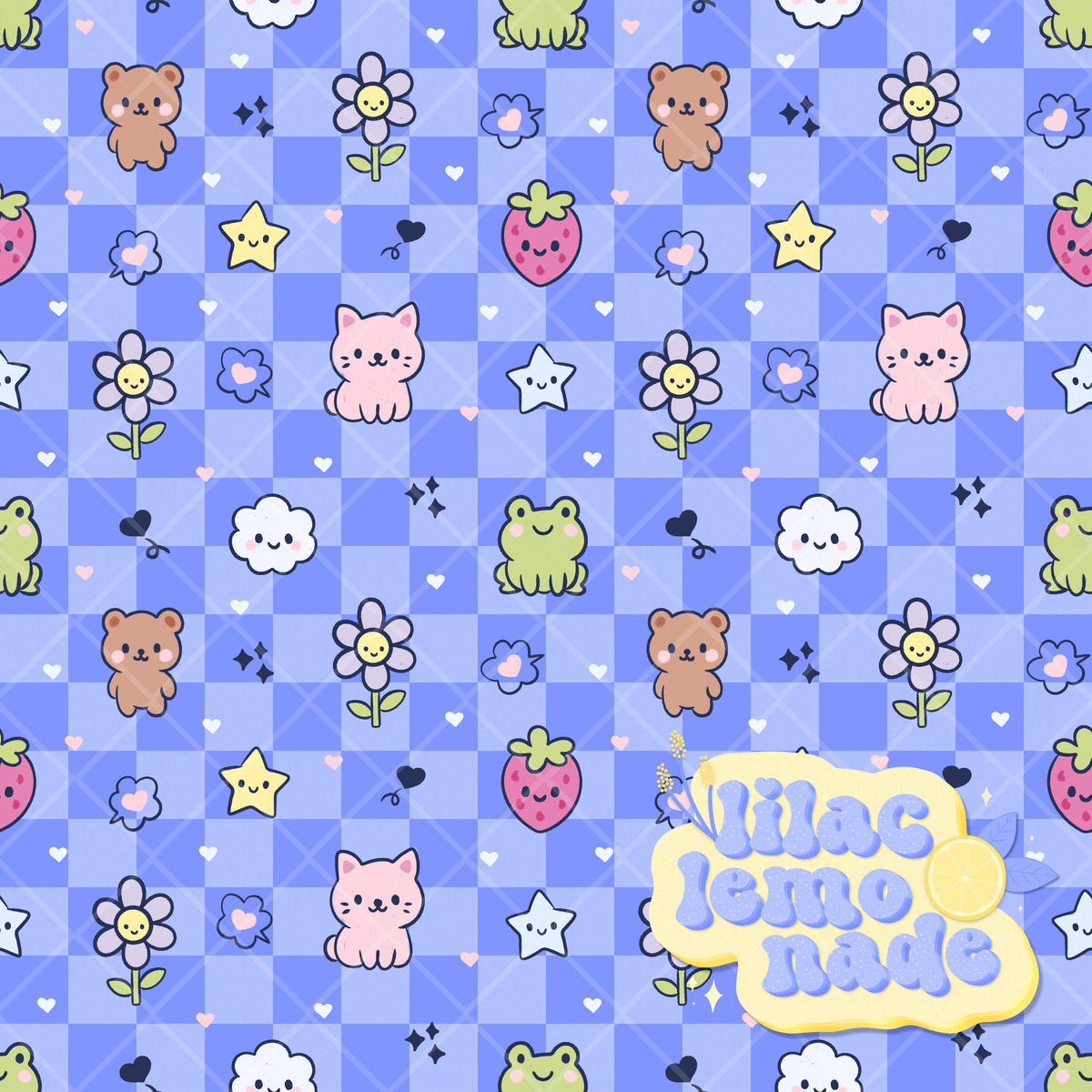 Kawaii Pastel Animal Seamless Pattern - Periwinkle Blue Checkerboard Y2K Digital Paper