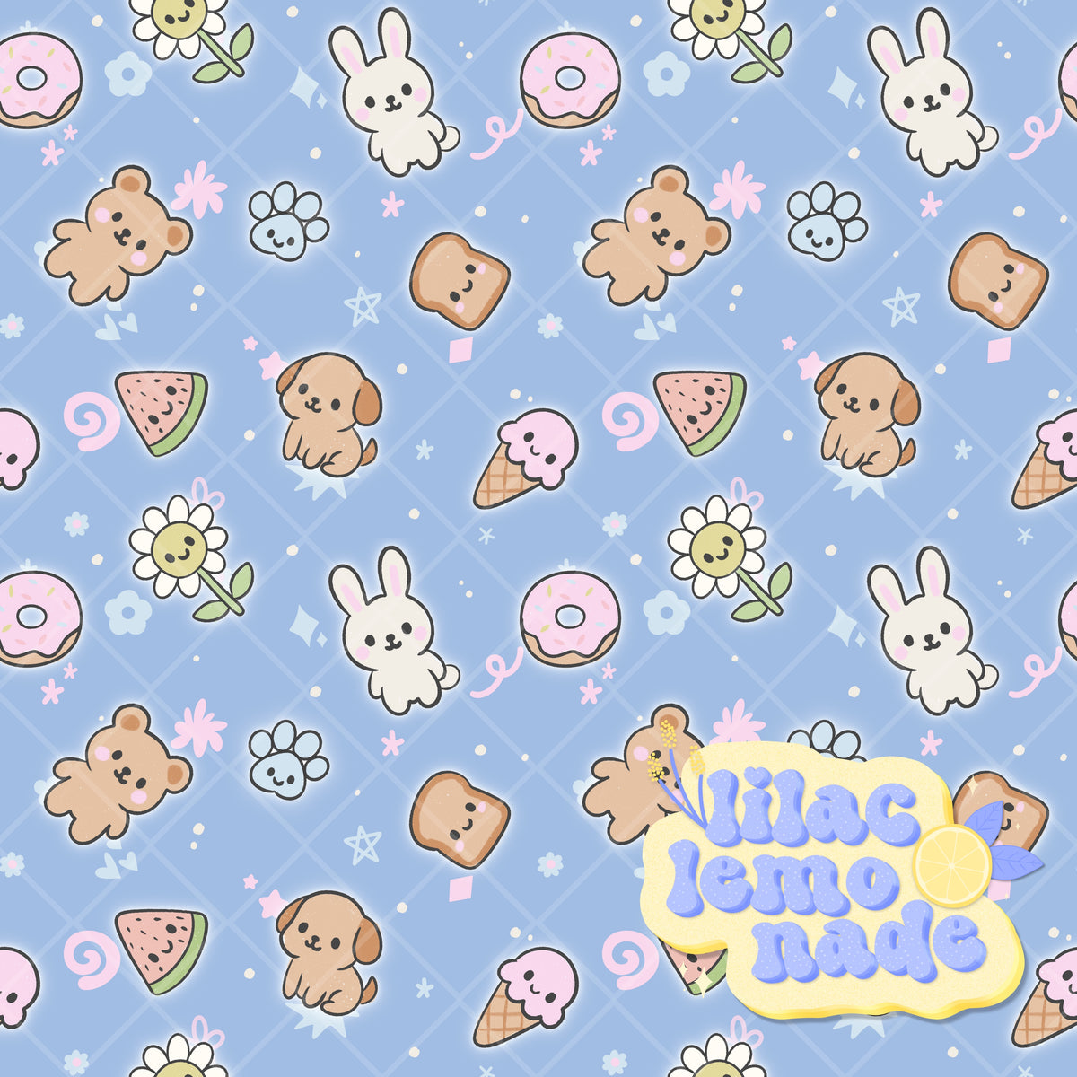 Kawaii Pastel Animal & Treats Seamless Pattern - Blue Glow Y2K Digital Paper