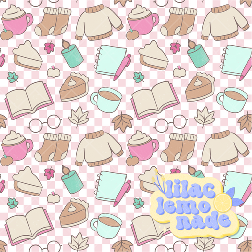 Cozy Pastel Autumn Seamless Pattern - Pink Checkerboard Fall Digital Paper