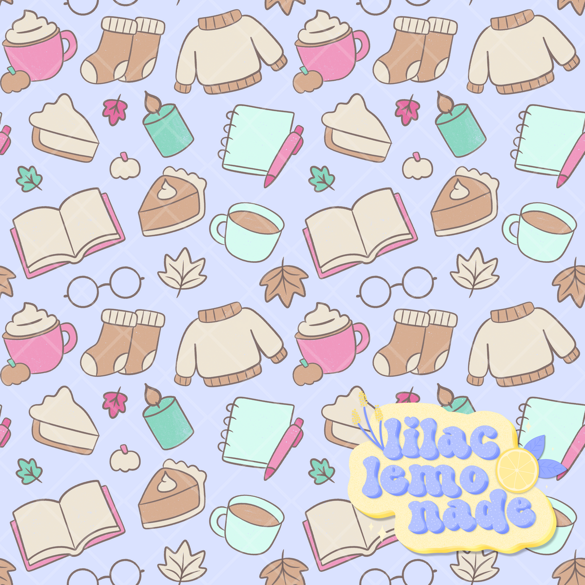 Cozy Pastel Autumn Seamless Pattern - Lilac Blue Fall Digital Paper