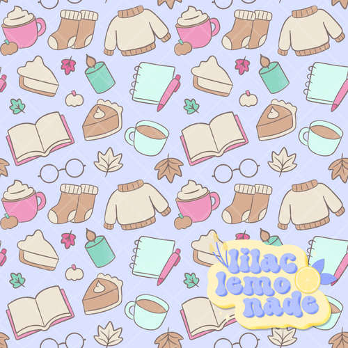 Cozy Pastel Autumn Seamless Pattern - Lilac Blue Fall Digital Paper