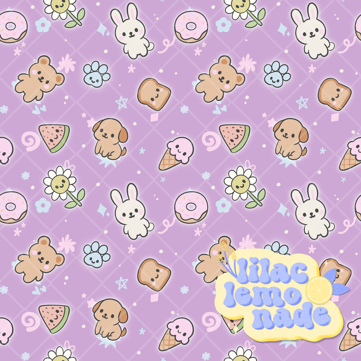 Kawaii Pastel Animal & Treats Seamless Pattern - Grape Purple Glow Y2K Digital Paper