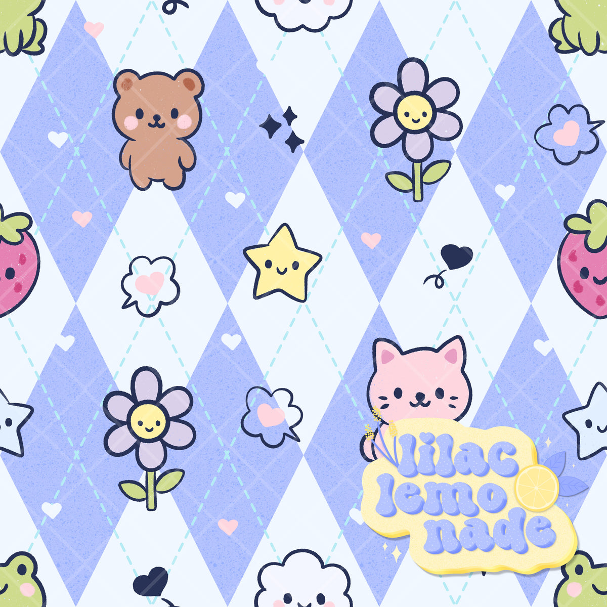 Kawaii Pastel Animal Seamless Pattern - Speckled Periwinkle Argyle Y2K Digital Paper