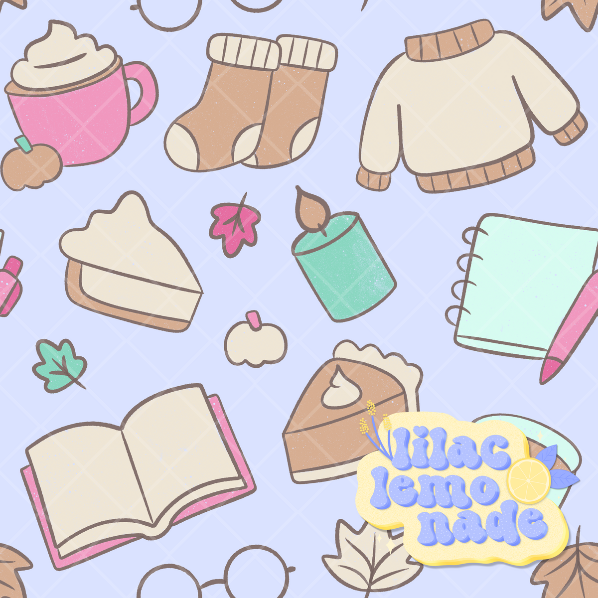 Cozy Pastel Autumn Seamless Pattern - Lilac Blue Fall Digital Paper