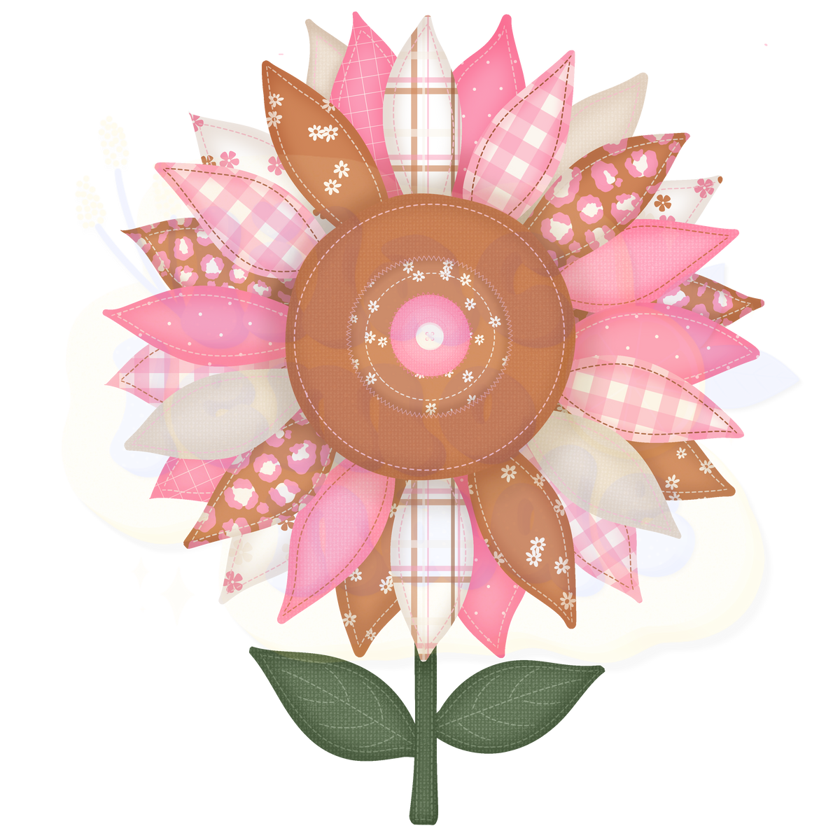Patchwork Fabric Sunflower Clipart - Pink Gingham Shabby Chic Sublimation PNG