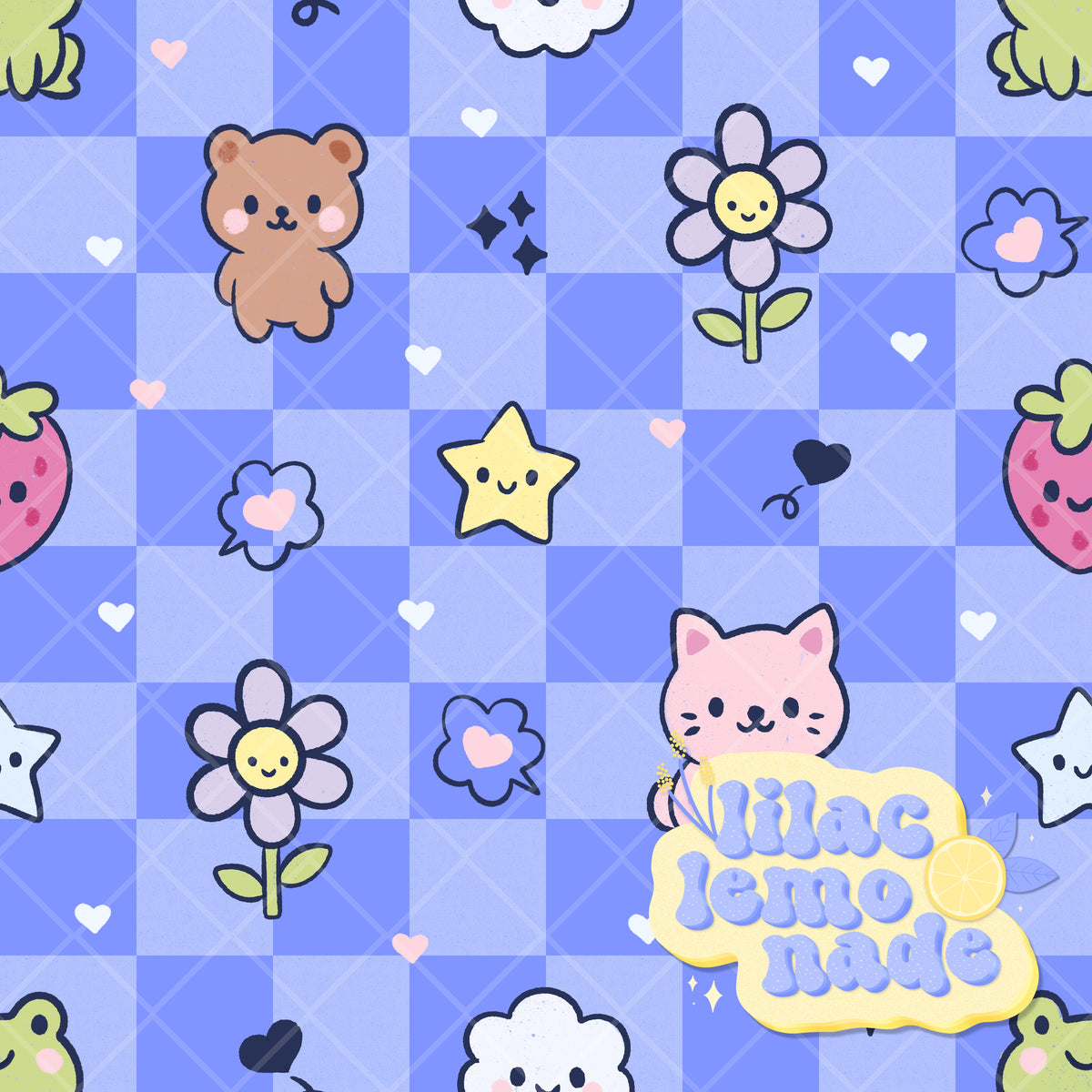 Kawaii Pastel Animal Seamless Pattern - Periwinkle Blue Checkerboard Y2K Digital Paper