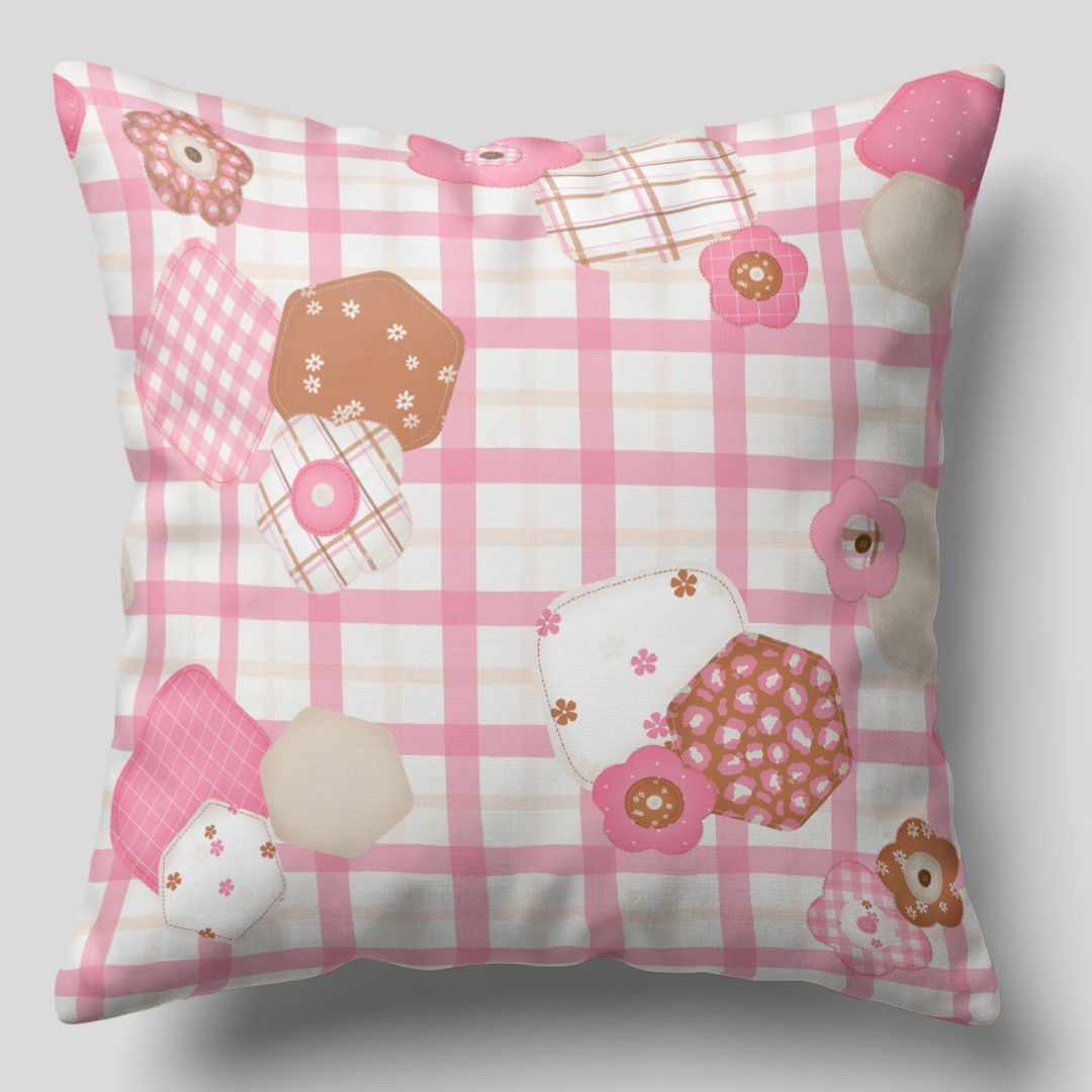 Fabric Applique Plaid Seamless Pattern - Pink Shabby Chic Autumn Digital Paper