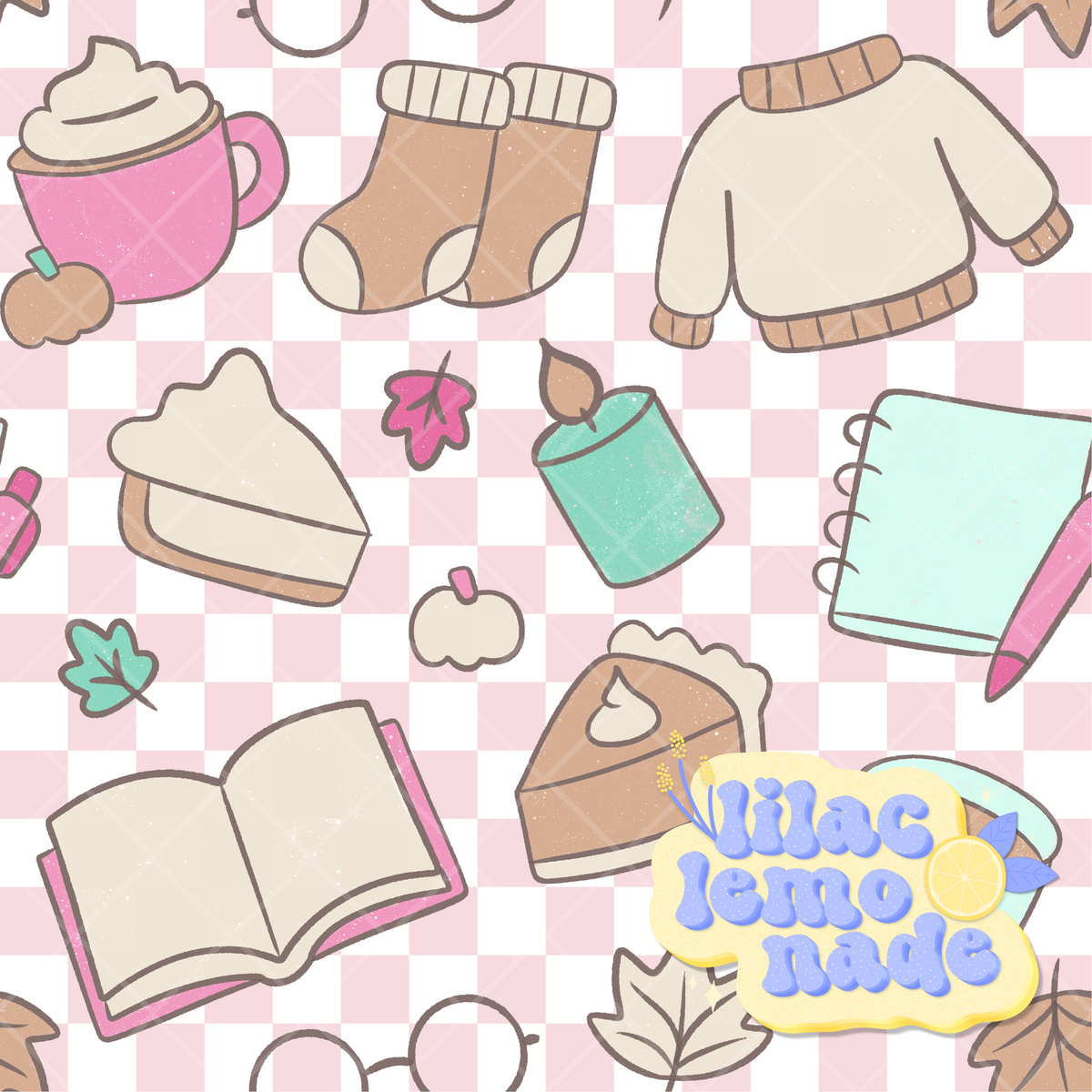 Cozy Pastel Autumn Seamless Pattern - Pink Checkerboard Fall Digital Paper