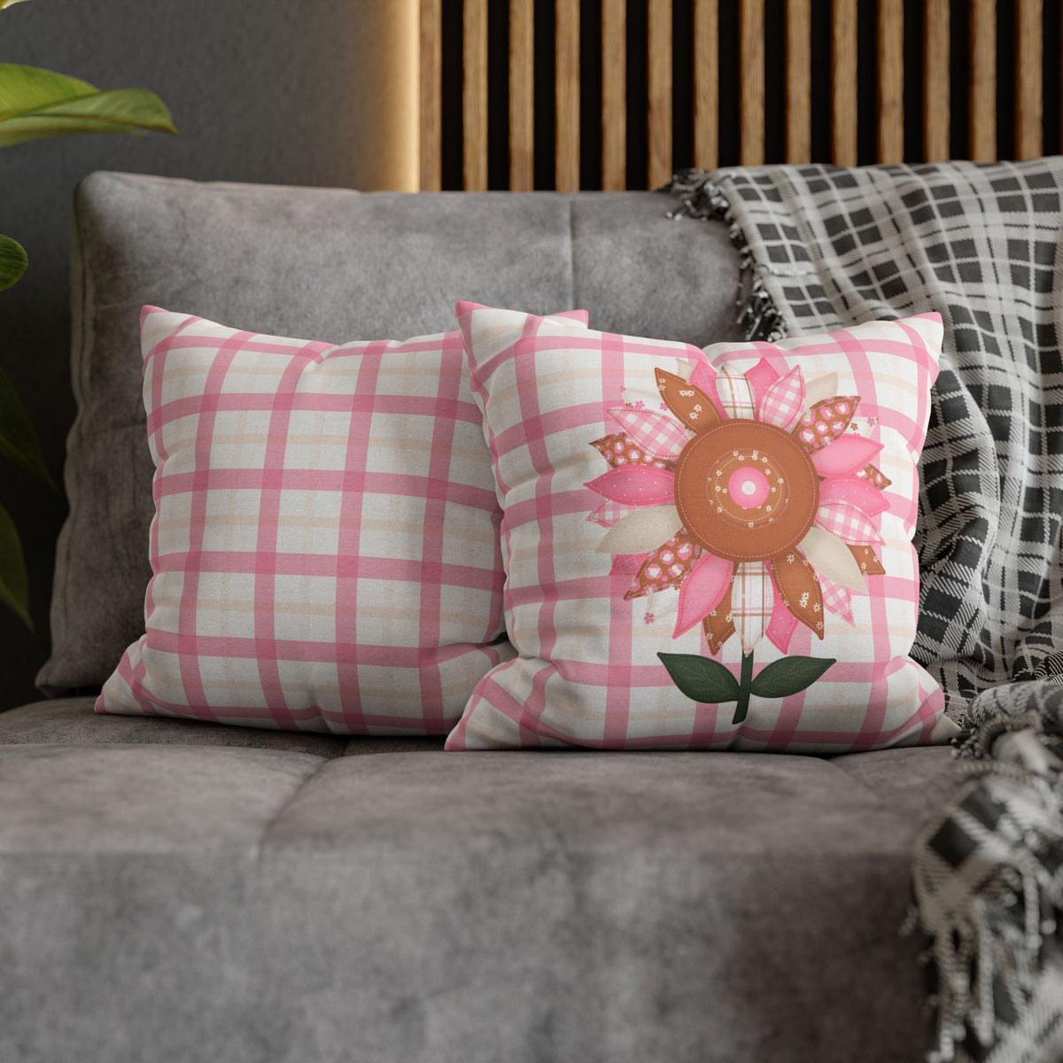 Patchwork Fabric Sunflower Clipart - Pink Gingham Shabby Chic Sublimation PNG