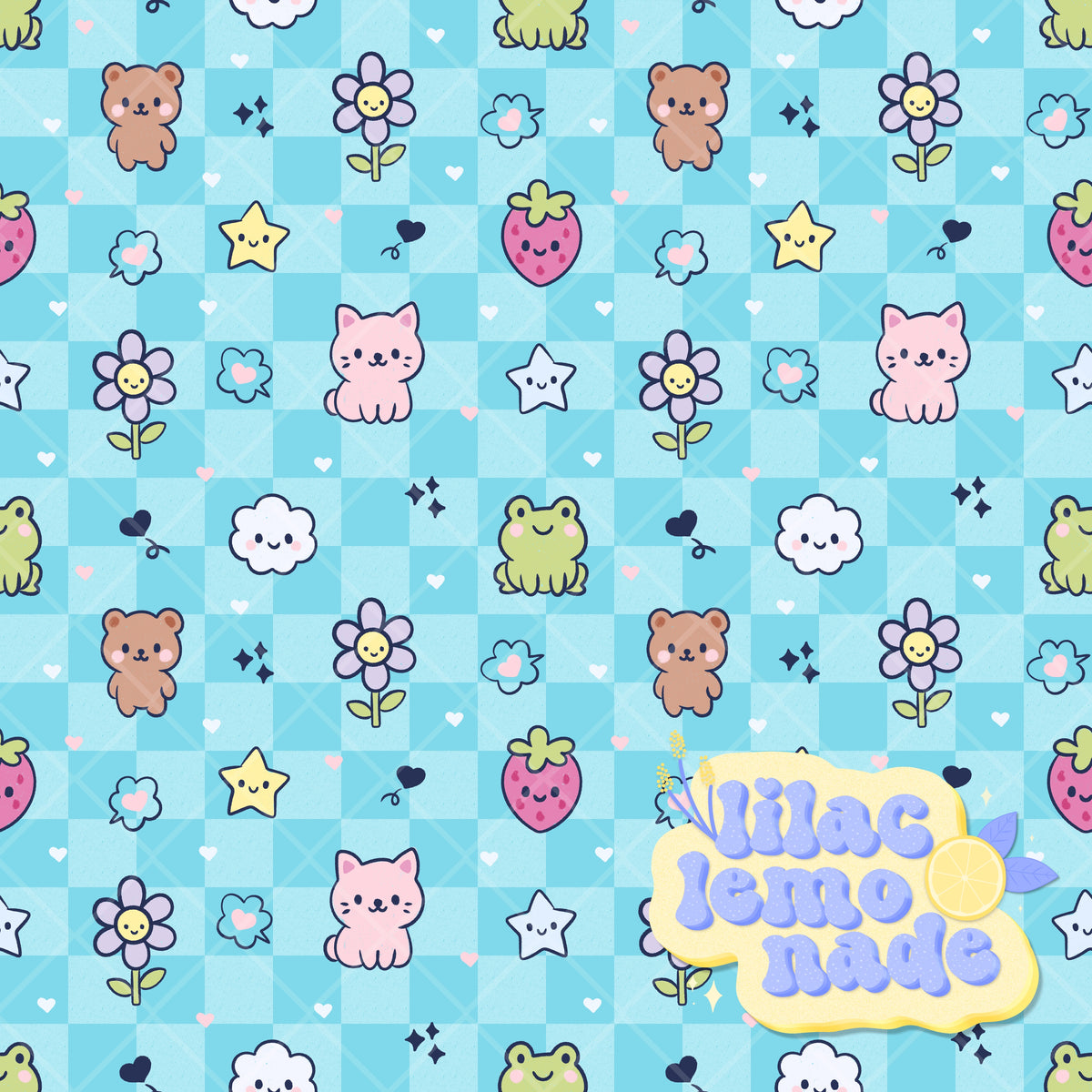 Kawaii Pastel Animal Seamless Pattern - Cyan Blue Checkerboard Y2K Digital Paper