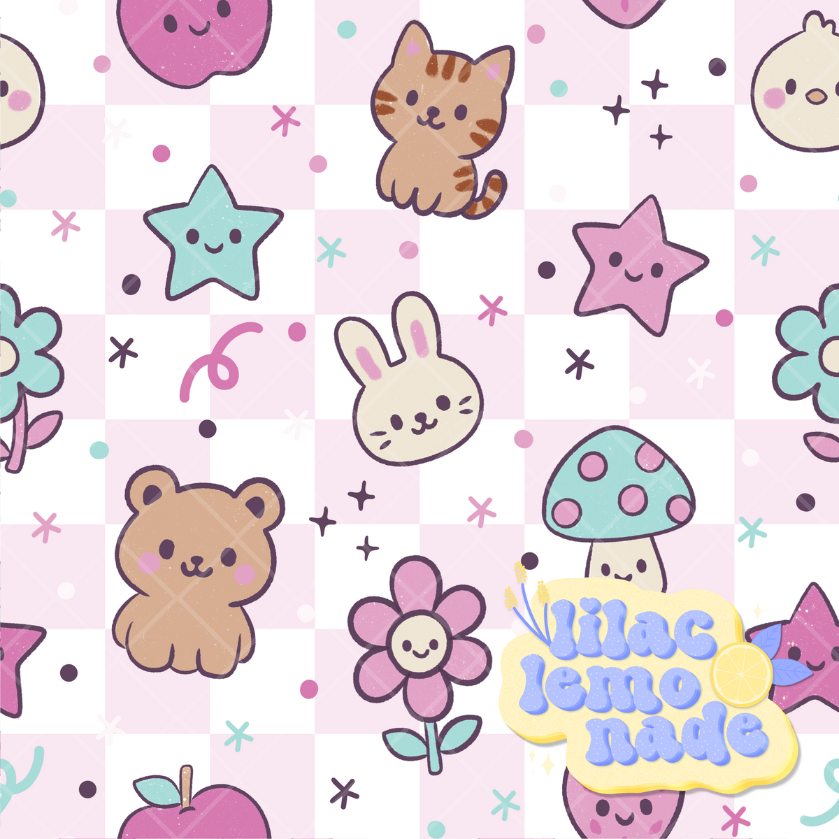 Kawaii Pastel Animal Seamless Pattern - Pink Checkerboard Y2K Digital Paper