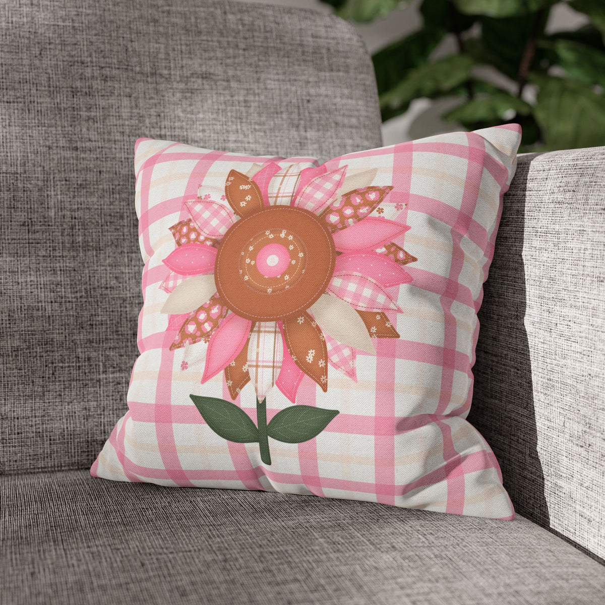 Patchwork Fabric Sunflower Clipart - Pink Gingham Shabby Chic Sublimation PNG