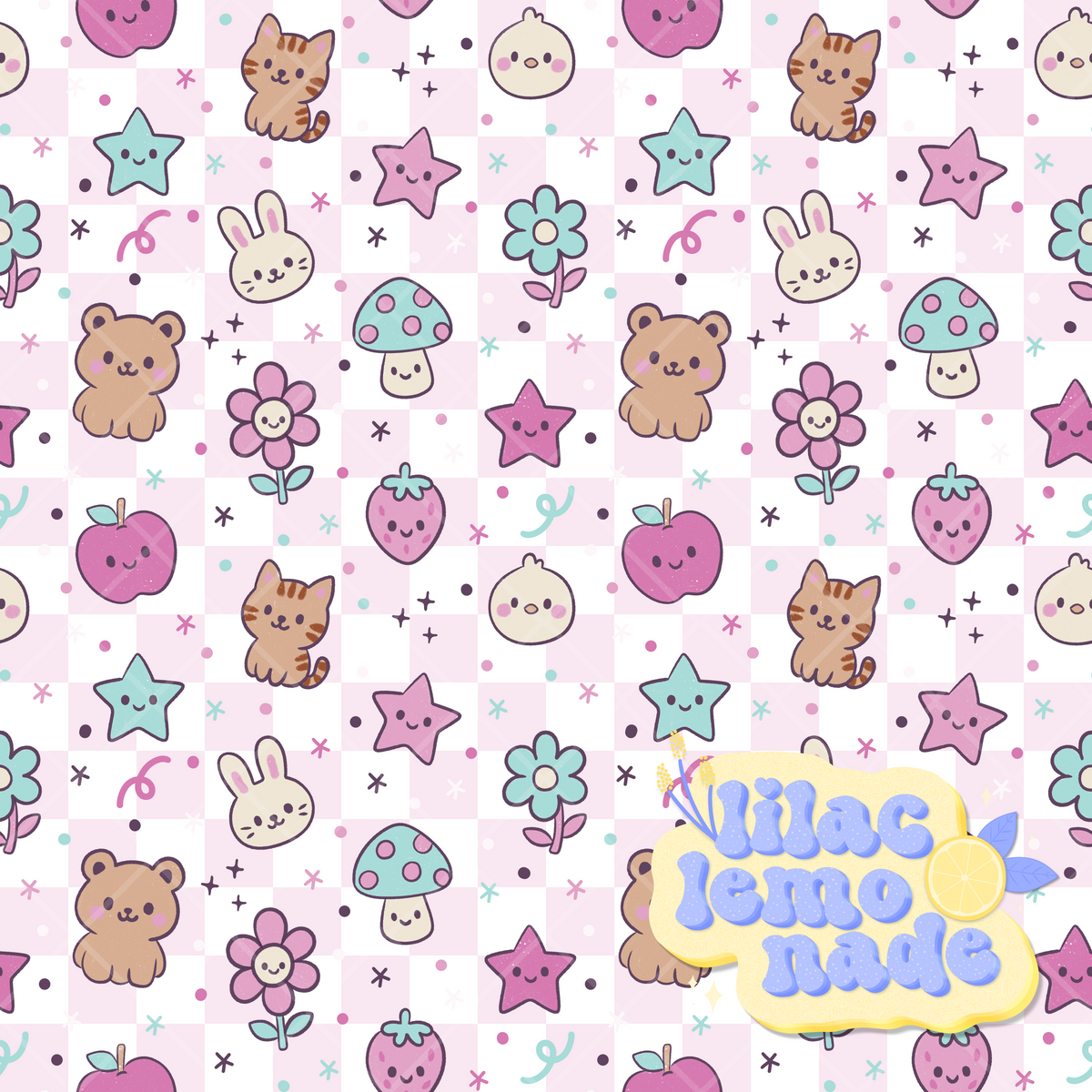 Kawaii Pastel Animal Seamless Pattern - Pink Checkerboard Y2K Digital Paper