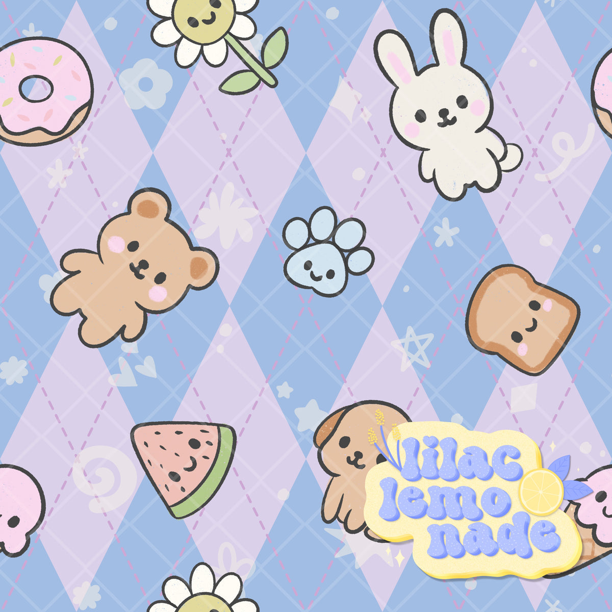 Kawaii Pastel Animal & Treats Seamless Pattern - Blue & Purple Argyle Y2K Digital Paper