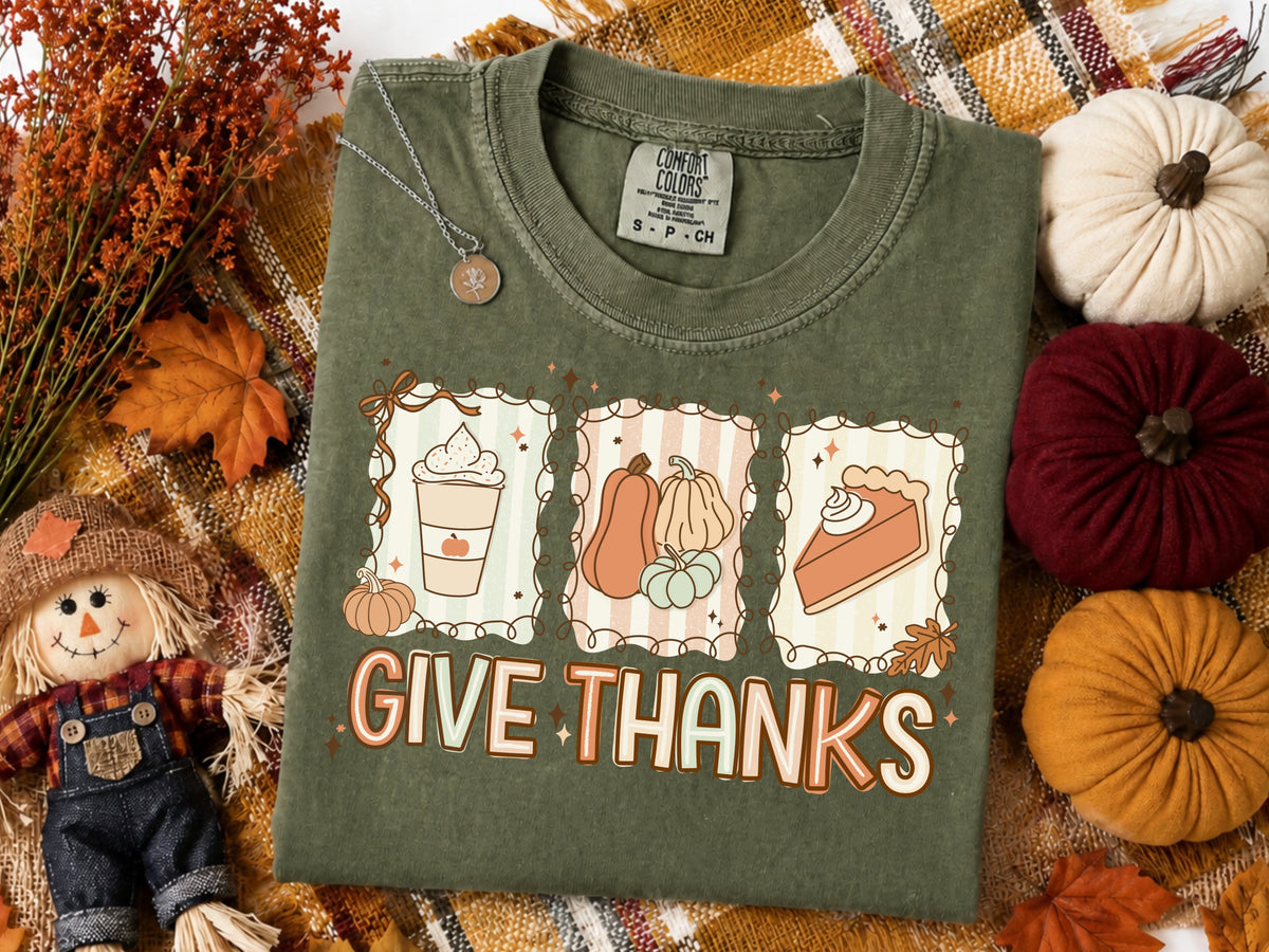 Retro Coquette ‘Give Thanks’ Thanksgiving PNG - Fall Pumpkin Pie & Coffee Sublimation Graphic