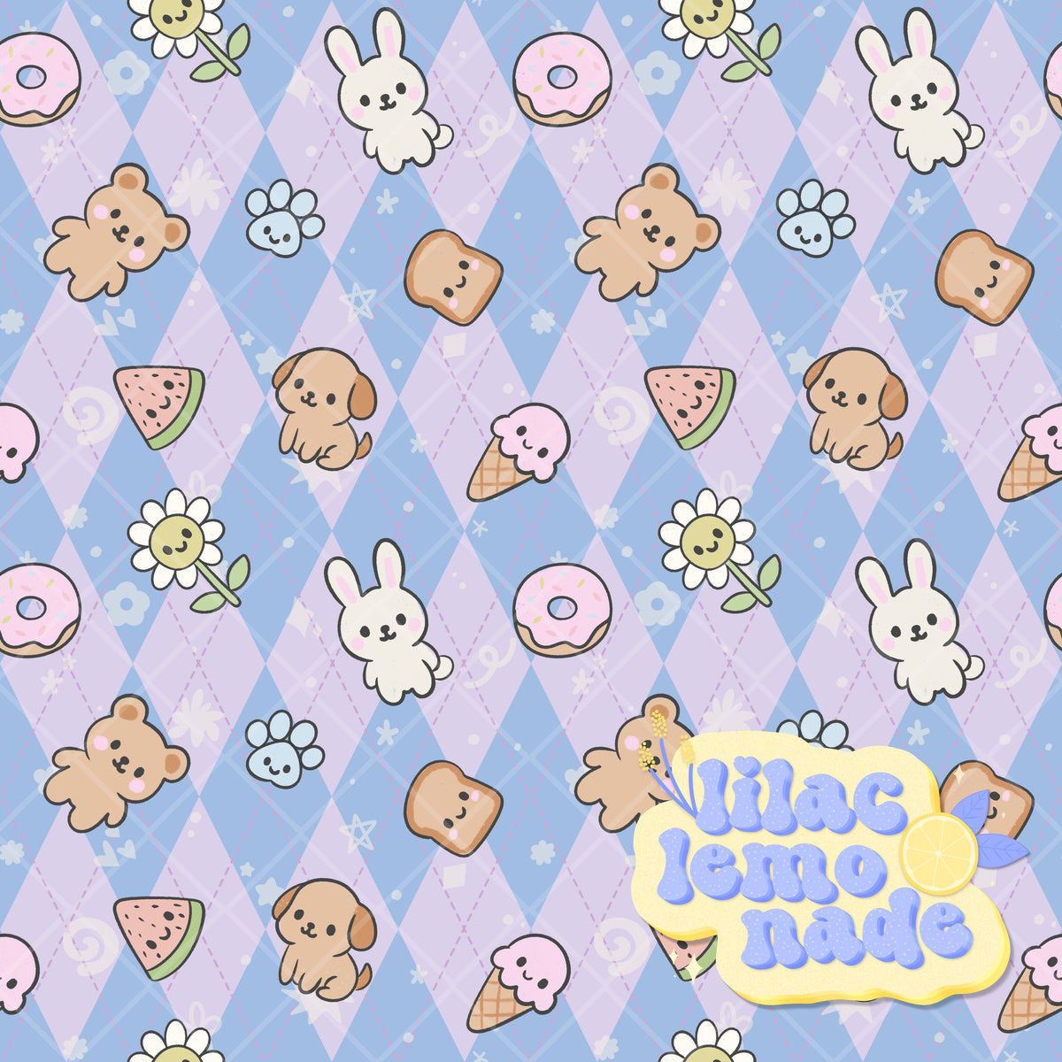 Kawaii Pastel Animal & Treats Seamless Pattern - Blue & Purple Argyle Y2K Digital Paper