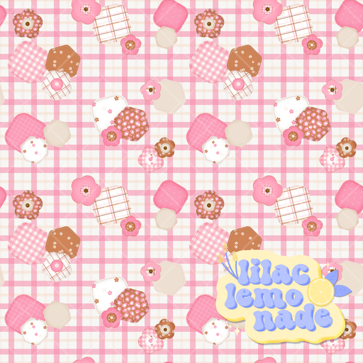 Fabric Applique Plaid Seamless Pattern - Pink Shabby Chic Autumn Digital Paper