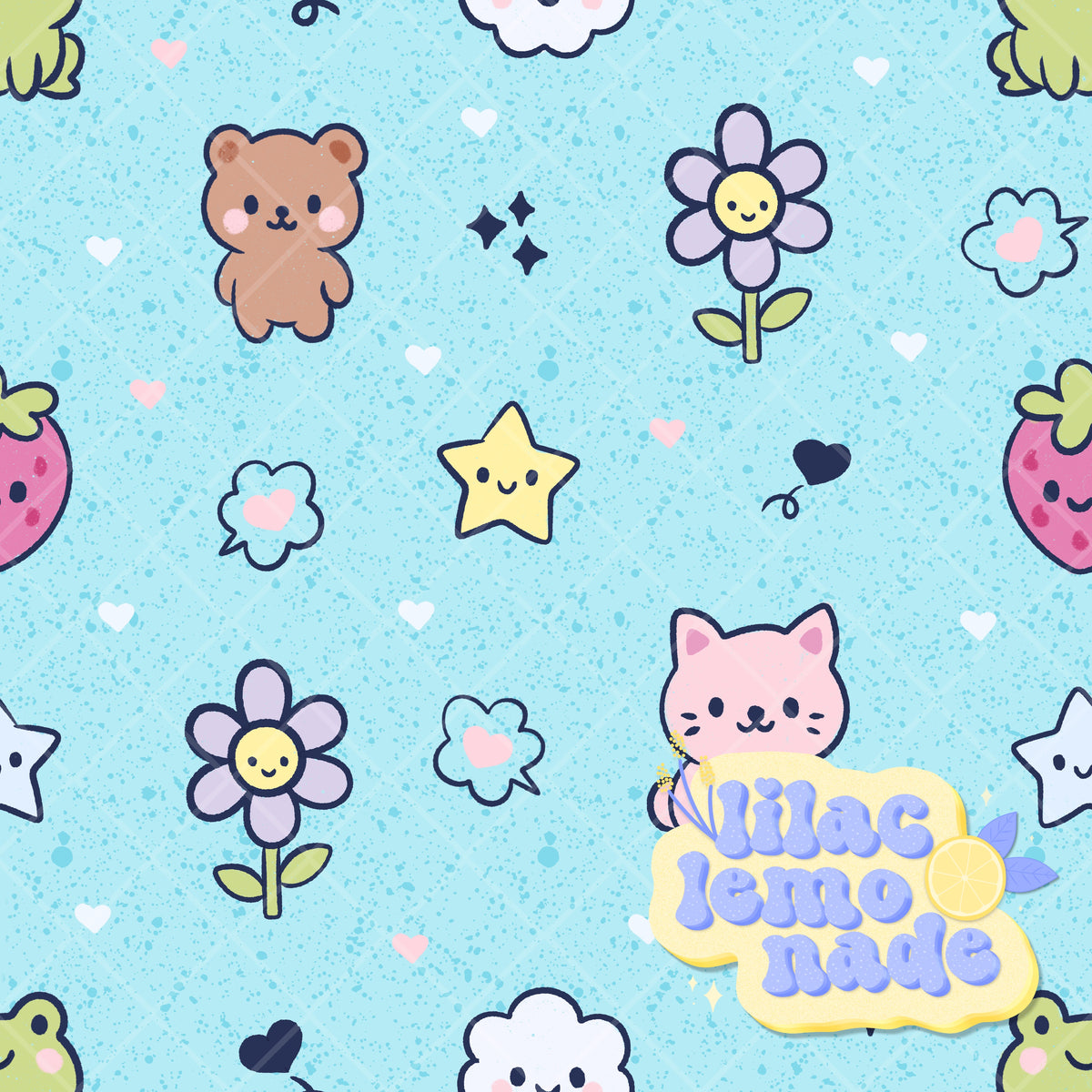 Kawaii Pastel Animal Seamless Pattern - Speckled Cyan Blue Y2K Digital Paper