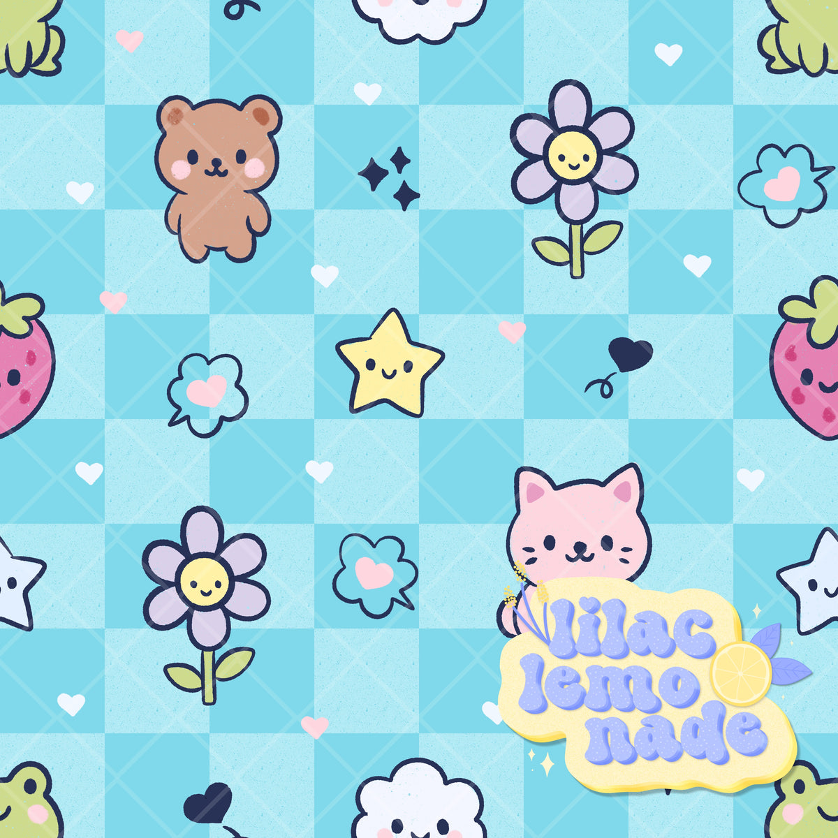 Kawaii Pastel Animal Seamless Pattern - Cyan Blue Checkerboard Y2K Digital Paper