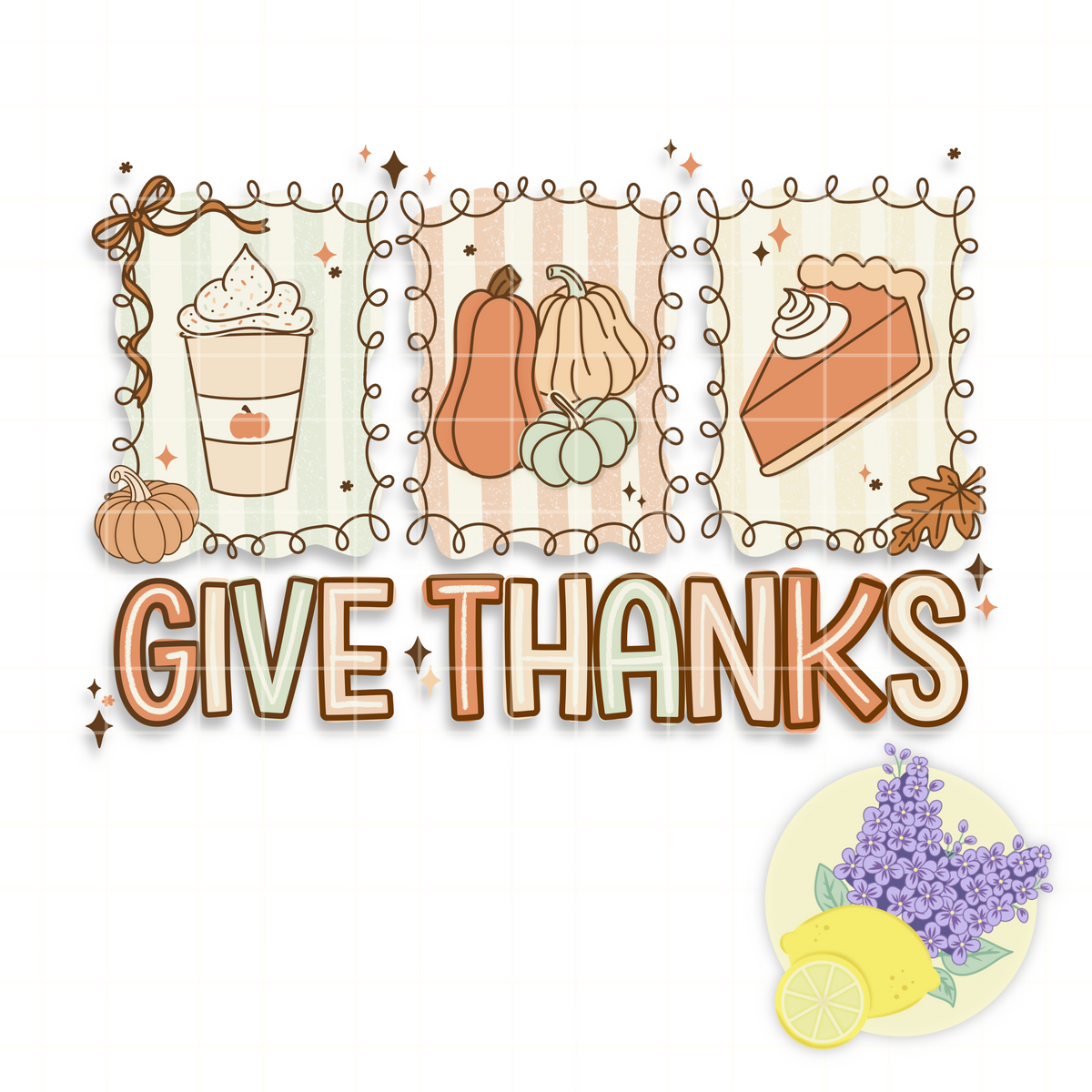 Retro Coquette ‘Give Thanks’ Thanksgiving PNG - Fall Pumpkin Pie & Coffee Sublimation Graphic
