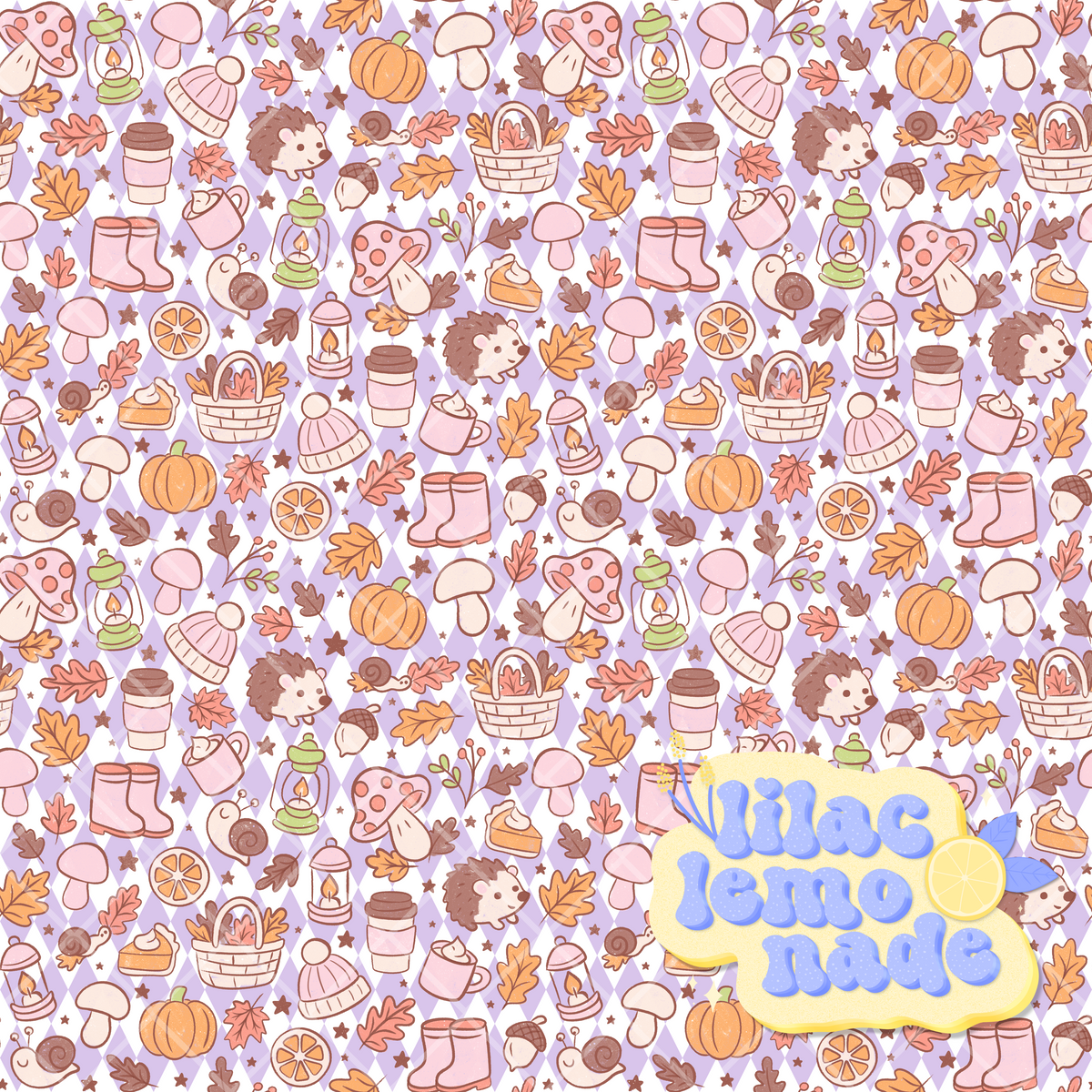 Pastel Autumn Woodland Seamless Pattern - Purple Harlequin Grid Fall Digital Paper