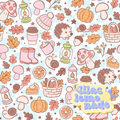 Pastel Autumn Woodland Seamless Pattern - Blue Checkerboard Fall Digital Paper