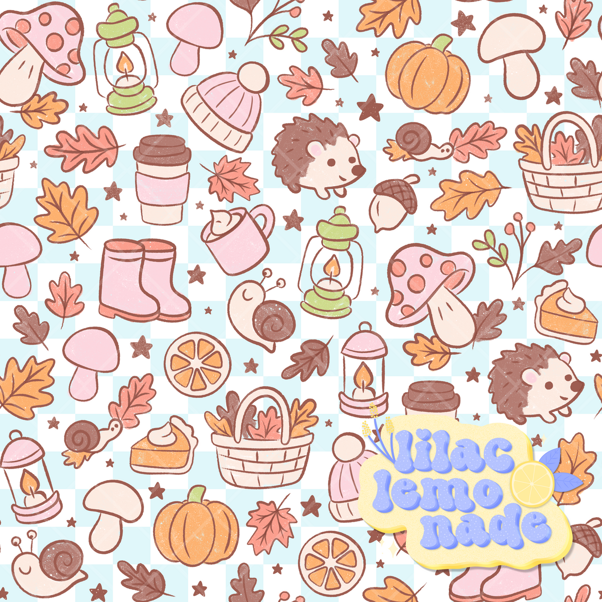 Pastel Autumn Woodland Seamless Pattern - Blue Checkerboard Fall Digital Paper