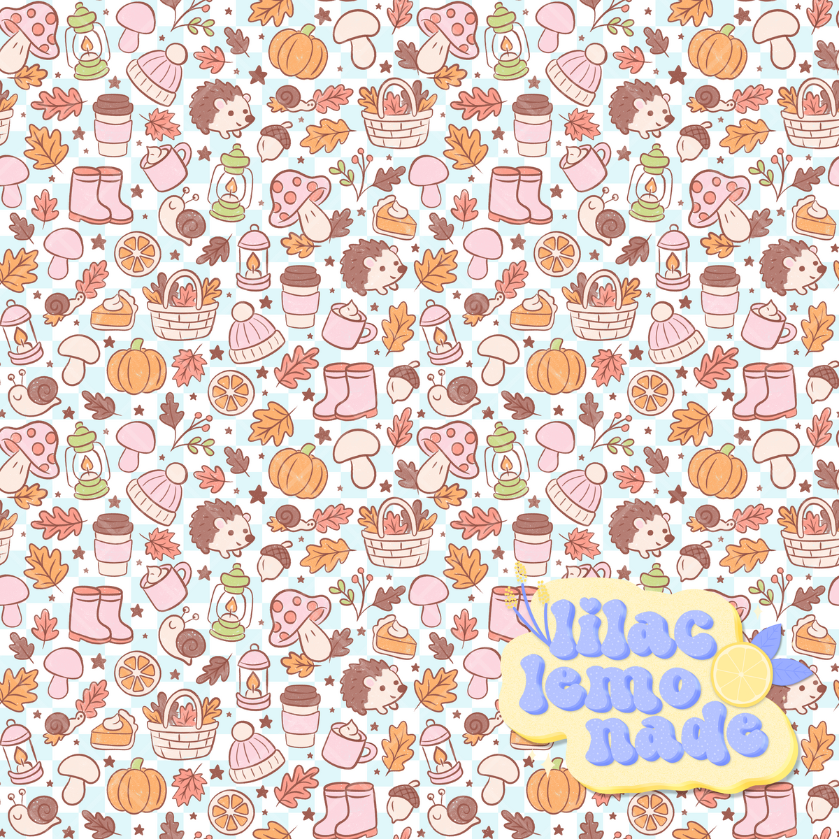 Pastel Autumn Woodland Seamless Pattern - Blue Checkerboard Fall Digital Paper