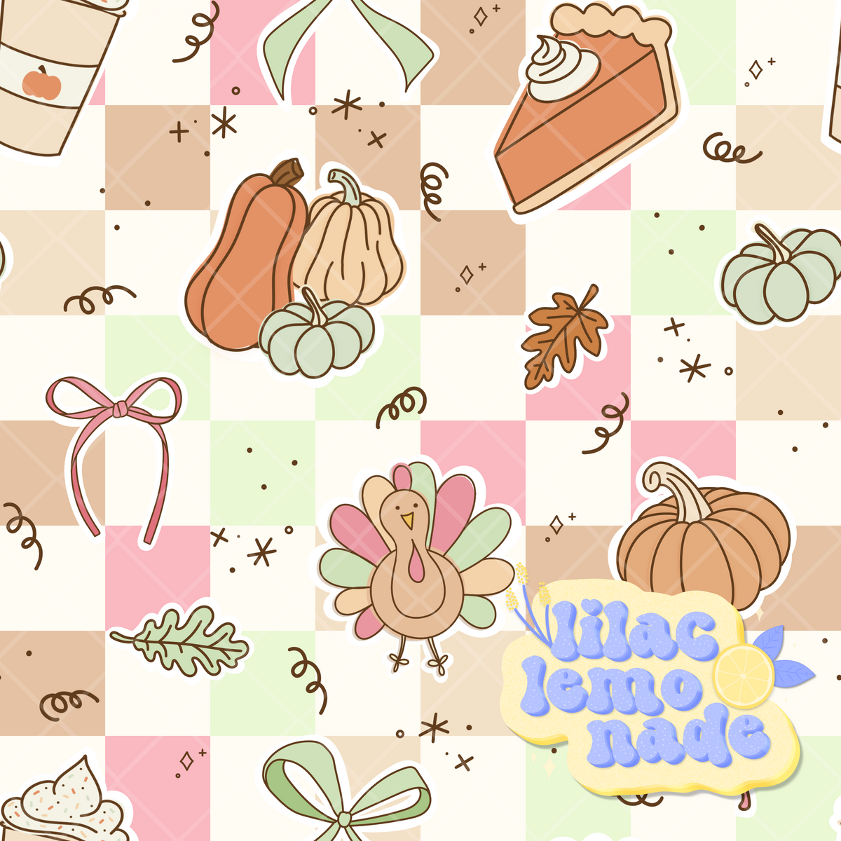 Pastel Coquette Thanksgiving Seamless Pattern - Turkey Checkerboard Digital Paper