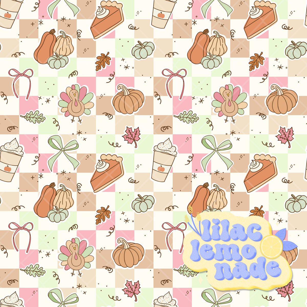Pastel Coquette Thanksgiving Seamless Pattern - Turkey Checkerboard Digital Paper