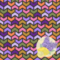 A vibrant seamless repeating pattern featuring bold interlocking chevrons in purple, pink, orange, yellow, and green, featuring thick dark gray outlines.