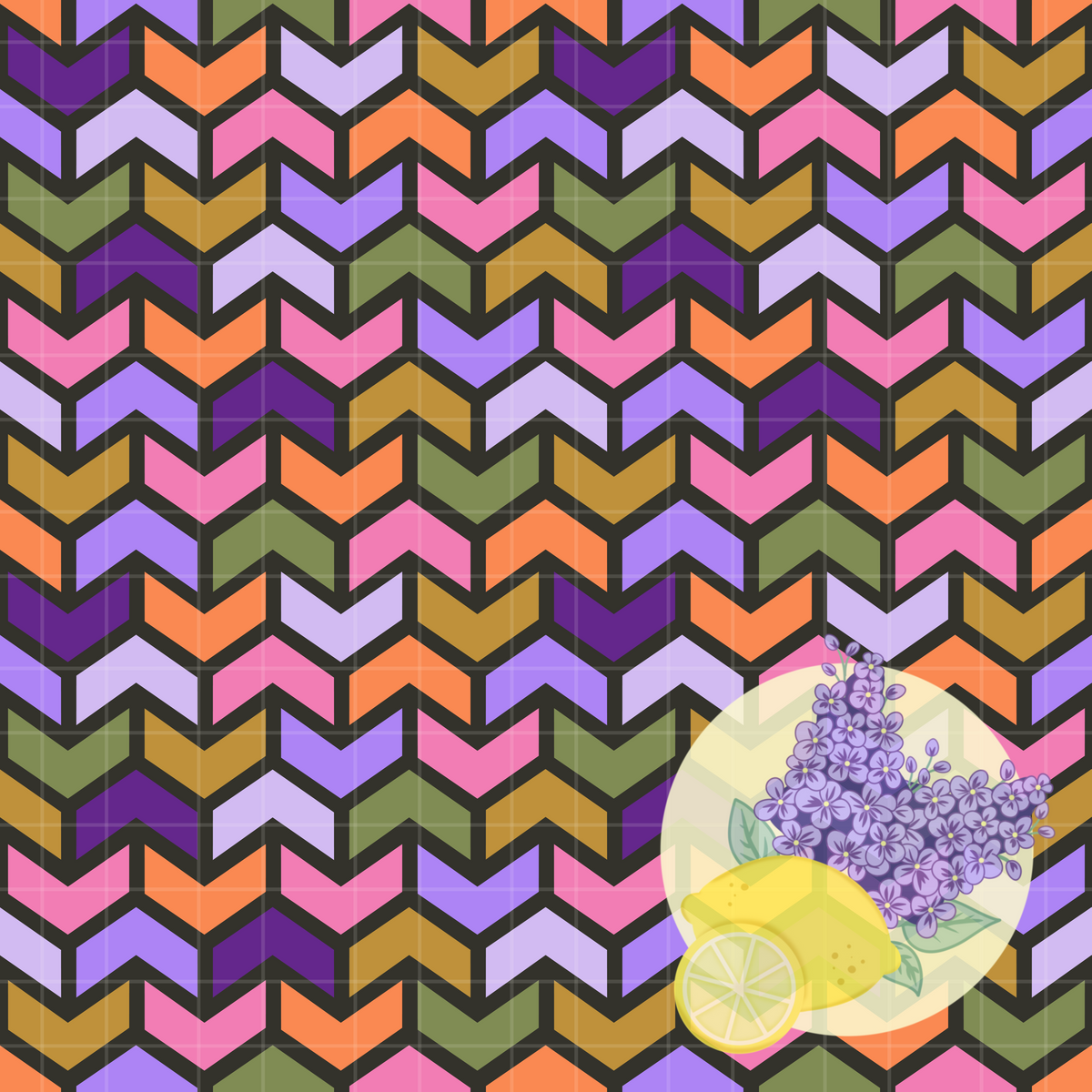 A vibrant seamless repeating pattern featuring bold interlocking chevrons in purple, pink, orange, yellow, and green, featuring thick dark gray outlines.